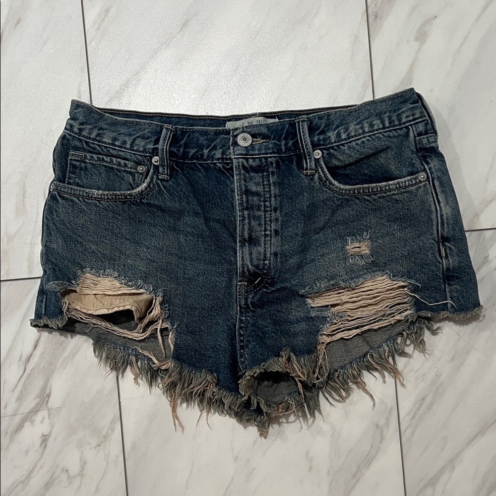 Free People Dark Blue Distressed Jean Shorts